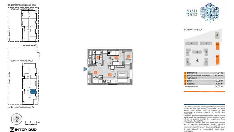 Rzut - Mieszkanie na sprzedaż 2 pokoje o powierzchni 34,55 m² - numer 86.25 w Piasta Towers bud. 86 i 86A