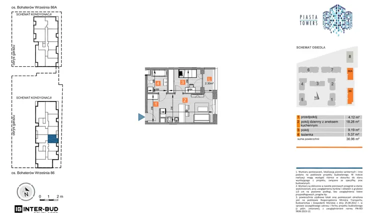 Rzut - Mieszkanie na sprzedaż 2 pokoje o powierzchni 36,96 m² - numer 86.32 w Piasta Towers bud. 86 i 86A