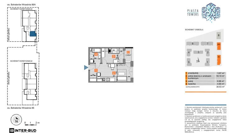 Rzut - Mieszkanie na sprzedaż 2 pokoje o powierzchni 36,96 m² - numer 86.50 w Piasta Towers bud. 86 i 86A
