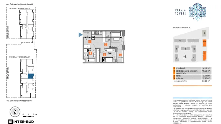 Rzut - Mieszkanie na sprzedaż 2 pokoje o powierzchni 36,96 m² - numer 86.55 w Piasta Towers bud. 86 i 86A