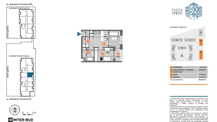 Rzut - Mieszkanie na sprzedaż 2 pokoje o powierzchni 36,96 m² - numer 86.60 w Piasta Towers bud. 86 i 86A