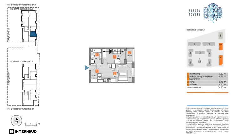 Rzut - Mieszkanie na sprzedaż 2 pokoje o powierzchni 36,83 m² - numer 86A.27 w Piasta Towers bud. 86 i 86A