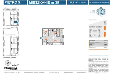 Rzut - Mieszkanie na sprzedaż 2 pokoje o powierzchni 36,83 m² - numer 86A.35 w Piasta Towers bud. 86 i 86A