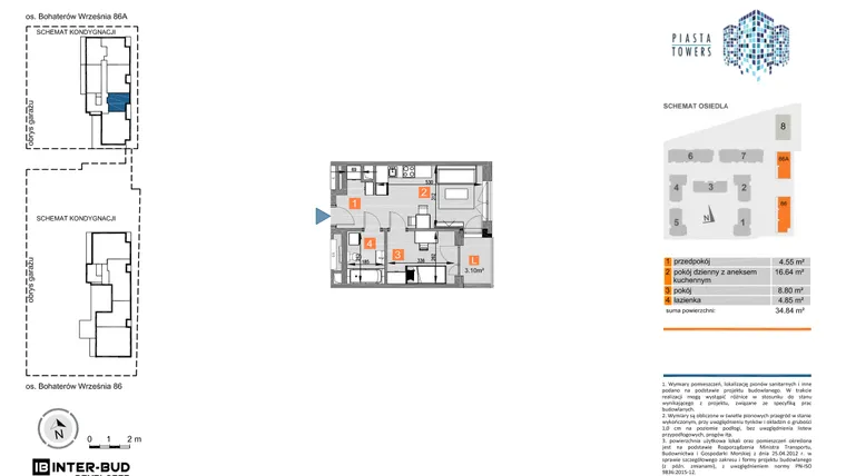 Rzut - Mieszkanie na sprzedaż 2 pokoje o powierzchni 34,84 m² - numer 86A.57 w Piasta Towers bud. 86 i 86A