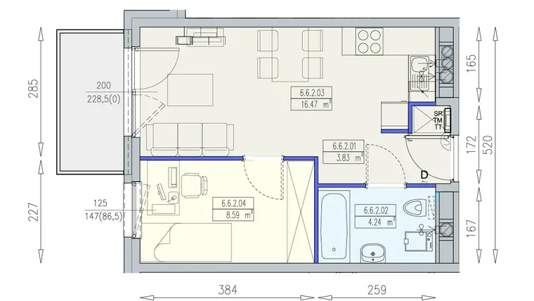Rzut - Mieszkanie na sprzedaż 2 pokoje o powierzchni 33,13 m² - numer K2 6/6/2/2a w Południk 17 - budynek K2