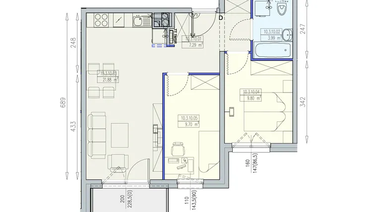 Rzut - Mieszkanie na sprzedaż 3 pokoje o powierzchni 52,67 m² - numer K2 10/3/10/3a w Południk 17 - budynek K2
