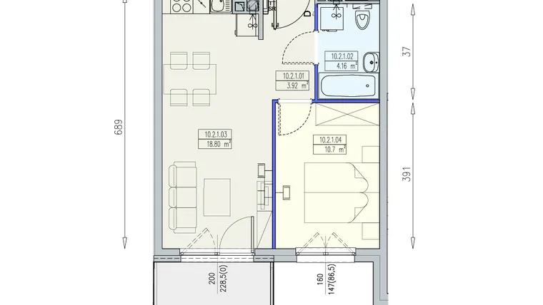 Rzut - Mieszkanie na sprzedaż 2 pokoje o powierzchni 37,61 m² - numer K2 10/2/1/2a w Południk 17 - budynek K2