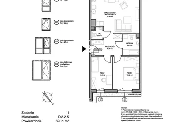 Rzut - Mieszkanie na sprzedaż 3 pokoje o powierzchni 69,11 m² - numer D.2.2.5 w Rumia Centralna