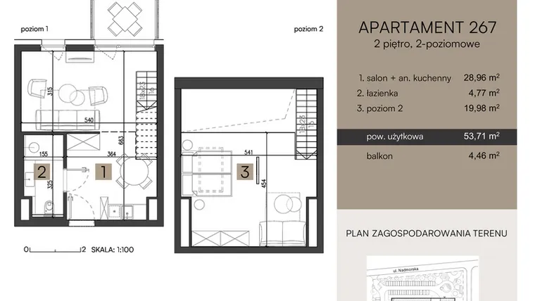 Rzut - Mieszkanie na sprzedaż 2 pokoje o powierzchni 53,71 m² - numer 267 w Nickel Resort & Wellnest Grzybowo
