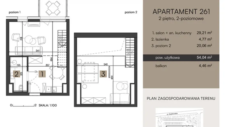 Rzut - Mieszkanie na sprzedaż 2 pokoje o powierzchni 54,04 m² - numer 261 w Nickel Resort & wellnest