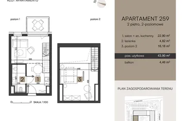 Rzut - Mieszkanie na sprzedaż 2 pokoje o powierzchni 43,9 m² - numer 259 w Nickel Resort & wellnest