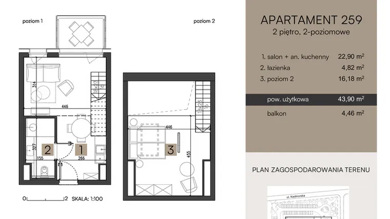 Rzut - Mieszkanie na sprzedaż 2 pokoje o powierzchni 43,9 m² - numer 259 w Nickel Resort & wellnest