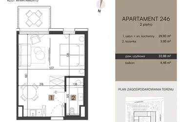 Rzut - Mieszkanie na sprzedaż 2 pokoje o powierzchni 33,88 m² - numer 246 w Nickel Resort & Wellnest Grzybowo - apartamenty inwestycyjne