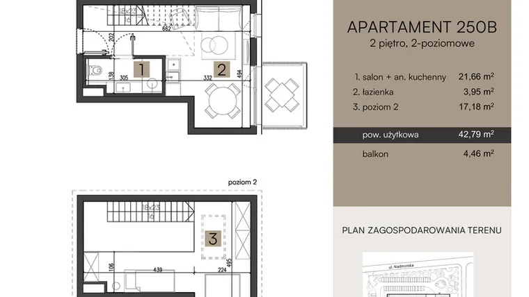Rzut - Mieszkanie na sprzedaż 2 pokoje o powierzchni 42,79 m² - numer 250B w Nickel Resort & wellnest