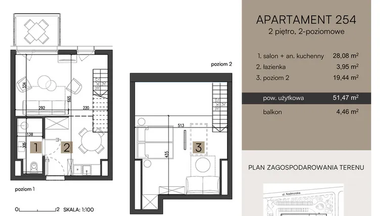 Rzut - Mieszkanie na sprzedaż 2 pokoje o powierzchni 51,47 m² - numer 254 w Nickel Resort & wellnest