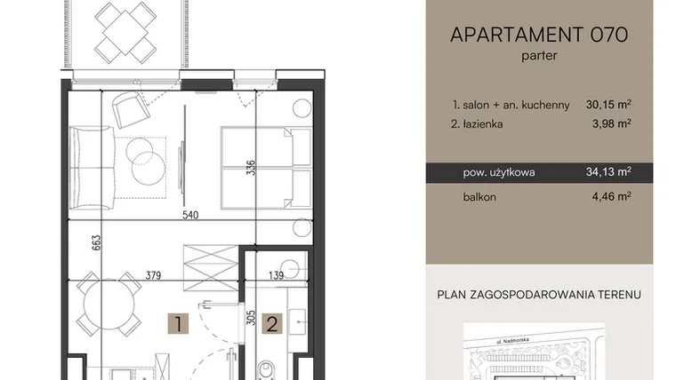 Rzut - Mieszkanie na sprzedaż 2 pokoje o powierzchni 34,13 m² - numer 070 w Nickel Resort & wellnest