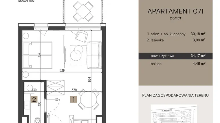 Rzut - Mieszkanie na sprzedaż 2 pokoje o powierzchni 34,17 m² - numer 071 w Nickel Resort & wellnest