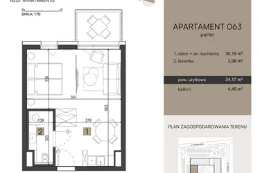 Rzut - Mieszkanie na sprzedaż 2 pokoje o powierzchni 34,17 m² - numer 063 w Nickel Resort & Wellnest Grzybowo - apartamenty inwestycyjne