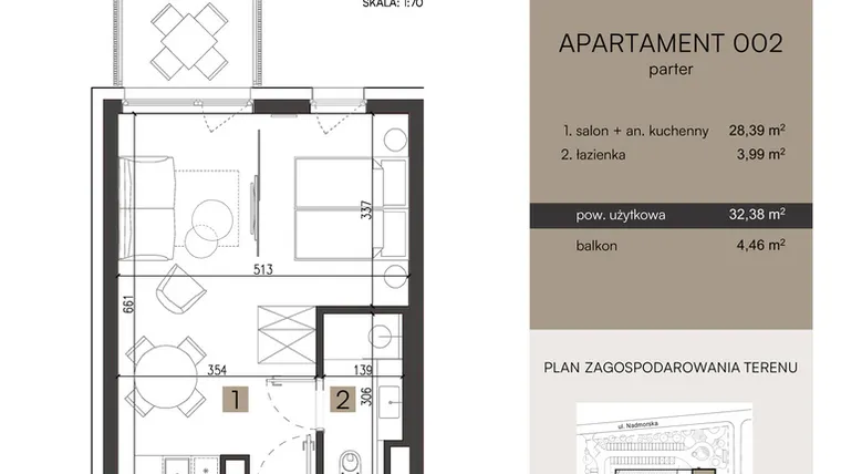 Rzut - Mieszkanie na sprzedaż 2 pokoje o powierzchni 32,38 m² - numer 002 w Nickel Resort & wellnest