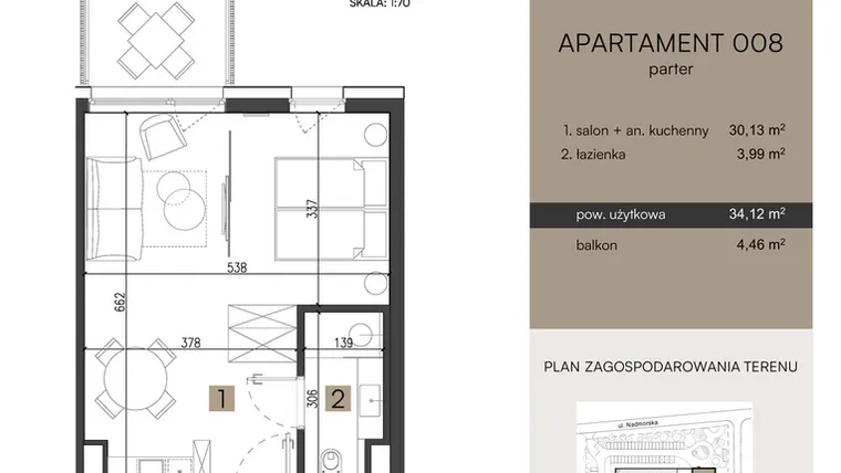 Rzut - Mieszkanie na sprzedaż 2 pokoje o powierzchni 34,12 m² - numer 008 w Nickel Resort & wellnest