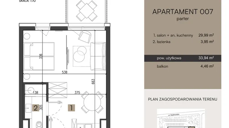 Rzut - Mieszkanie na sprzedaż 2 pokoje o powierzchni 33,94 m² - numer 007 w Nickel Resort & wellnest