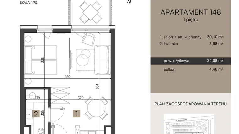 Rzut - Mieszkanie na sprzedaż 2 pokoje o powierzchni 34,08 m² - numer 148 w Nickel Resort & wellnest