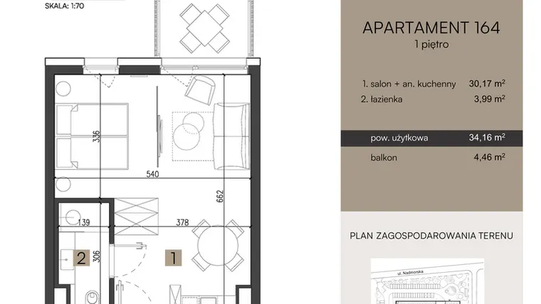 Rzut - Mieszkanie na sprzedaż 2 pokoje o powierzchni 34,16 m² - numer 164 w Nickel Resort & Wellnest Grzybowo