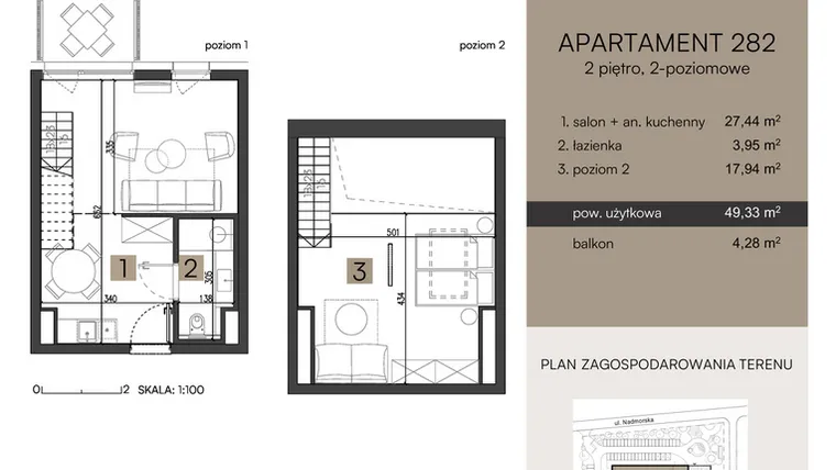 Rzut - Mieszkanie na sprzedaż 2 pokoje o powierzchni 49,33 m² - numer 282 w Nickel Resort & wellnest