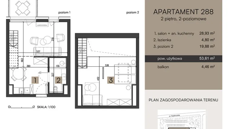 Rzut - Mieszkanie na sprzedaż 2 pokoje o powierzchni 53,61 m² - numer 288 w Nickel Resort & wellnest