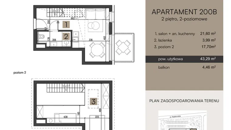 Rzut - Mieszkanie na sprzedaż 2 pokoje o powierzchni 43,29 m² - numer 200B w Nickel Resort & wellnest