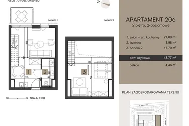 Rzut - Mieszkanie na sprzedaż 2 pokoje o powierzchni 48,77 m² - numer 206 w Nickel Resort & wellnest