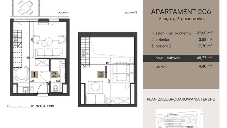 Rzut - Mieszkanie na sprzedaż 2 pokoje o powierzchni 48,77 m² - numer 206 w Nickel Resort & wellnest