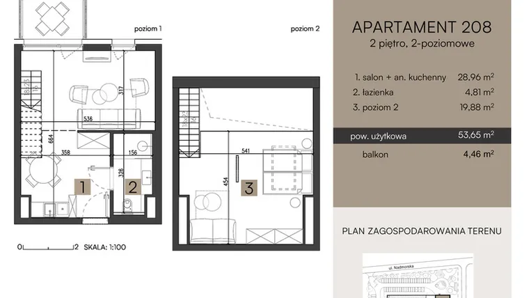 Rzut - Mieszkanie na sprzedaż 2 pokoje o powierzchni 53,65 m² - numer 208 w Nickel Resort & Wellnest Grzybowo - apartamenty inwestycyjne
