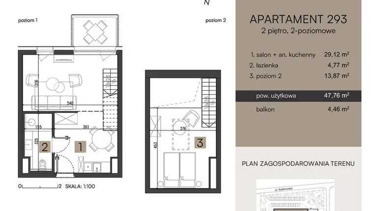 Rzut - Mieszkanie na sprzedaż 2 pokoje o powierzchni 47,76 m² - numer 293 w Nickel Resort & wellnest
