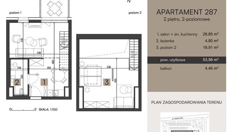 Rzut - Mieszkanie na sprzedaż 2 pokoje o powierzchni 53,56 m² - numer 287 w Nickel Resort & wellnest