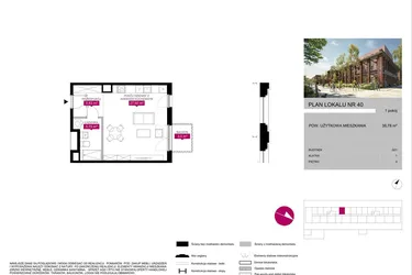 Rzut - Mieszkanie na sprzedaż 1 pokój o powierzchni 38,85 m² - numer 40 w Fuzja Mieszkania Loftowe