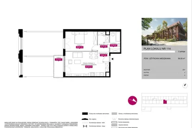 Rzut - Mieszkanie na sprzedaż 2 pokoje o powierzchni 56,58 m² - numer 114 w Fuzja Mieszkania Loftowe