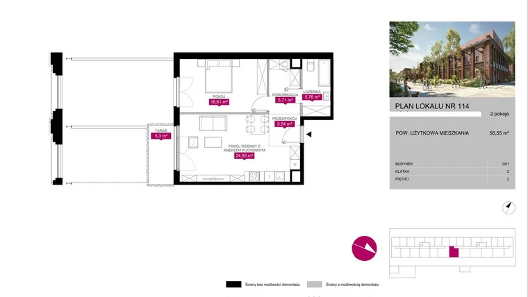 Rzut - Mieszkanie na sprzedaż 2 pokoje o powierzchni 56,58 m² - numer 114 w Fuzja Mieszkania Loftowe