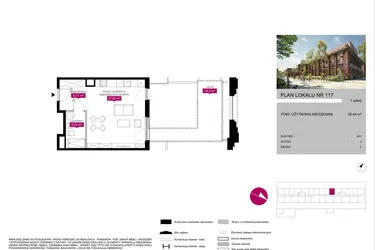 Rzut - Mieszkanie na sprzedaż 1 pokój o powierzchni 38,52 m² - numer 117 w Fuzja Mieszkania Loftowe