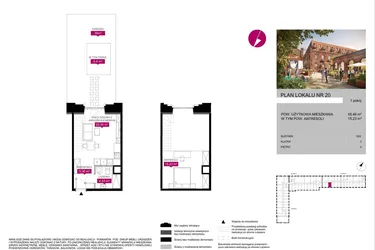 Rzut - Mieszkanie na sprzedaż 1 pokój o powierzchni 45,49 m² - numer G2.20 w Fuzja Lofty