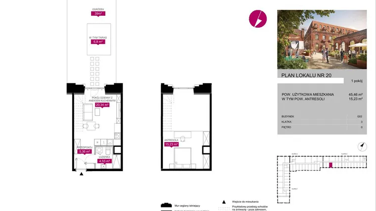 Rzut - Mieszkanie na sprzedaż 1 pokój o powierzchni 45,49 m² - numer G2.20 w Fuzja Lofty