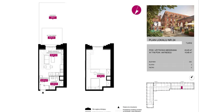 Rzut - Mieszkanie na sprzedaż 1 pokój o powierzchni 43,45 m² - numer G2.24 w Fuzja Lofty