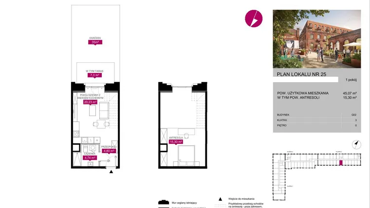 Rzut - Mieszkanie na sprzedaż 1 pokój o powierzchni 45,07 m² - numer G2.25 w Fuzja Lofty
