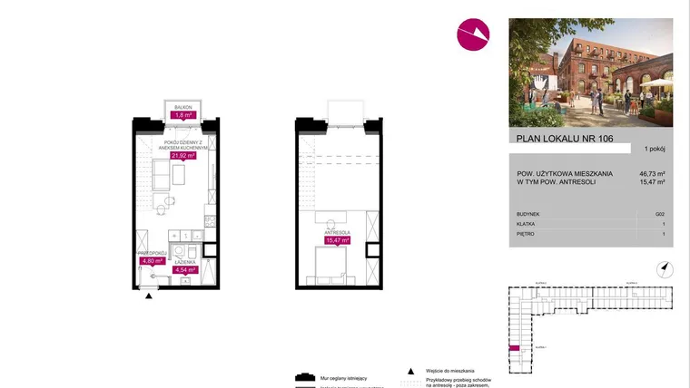 Rzut - Mieszkanie na sprzedaż 1 pokój o powierzchni 46,73 m² - numer G2.106 w Fuzja Lofty
