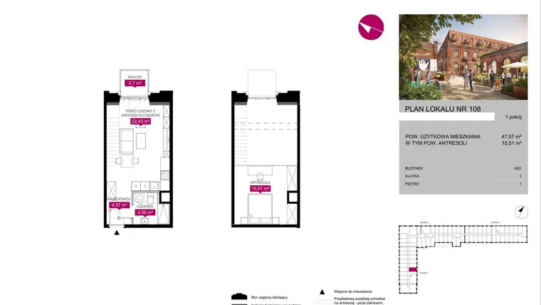 Rzut - Mieszkanie na sprzedaż 1 pokój o powierzchni 47,04 m² - numer G2.108 w Fuzja Lofty