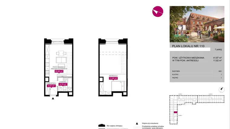 Rzut - Mieszkanie na sprzedaż 1 pokój o powierzchni 41,87 m² - numer G2.110 w Fuzja Lofty