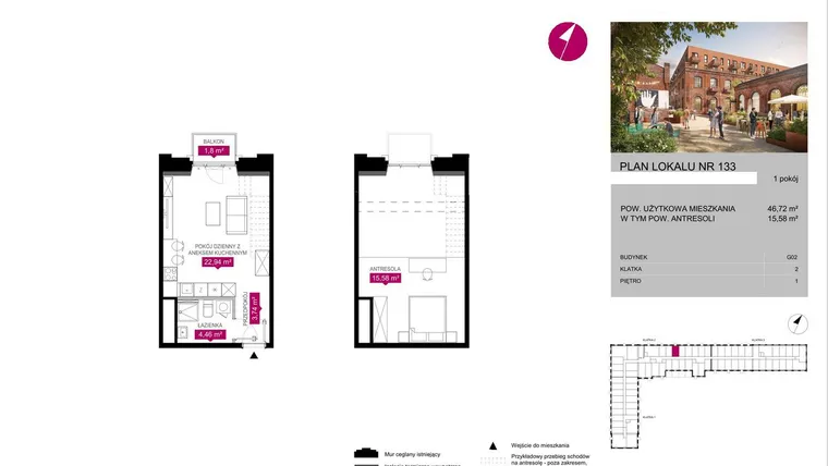 Rzut - Mieszkanie na sprzedaż 1 pokój o powierzchni 46,55 m² - numer G2.133 w Fuzja Lofty