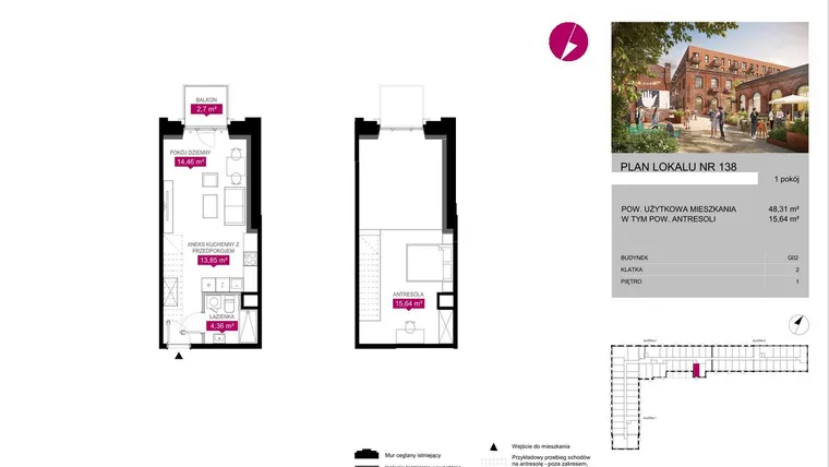 Rzut - Mieszkanie na sprzedaż 1 pokój o powierzchni 49,2 m² - numer G2.138 w Fuzja Lofty