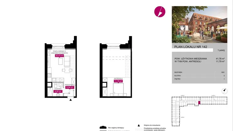 Rzut - Mieszkanie na sprzedaż 1 pokój o powierzchni 41,78 m² - numer G2.142 w Fuzja Lofty