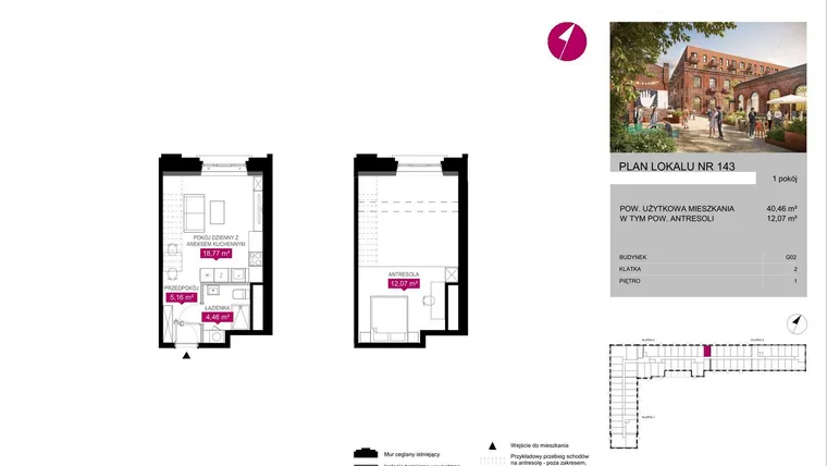Rzut - Mieszkanie na sprzedaż 1 pokój o powierzchni 40,46 m² - numer G2.143 w Fuzja Lofty